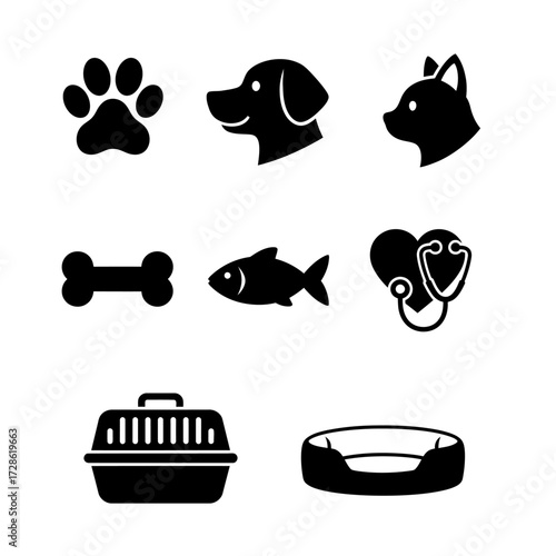 Veterinary clinic design elements featuring cat, dog, fish, carrier, bed, bone, paw print, and stethoscope for pet care services and product design