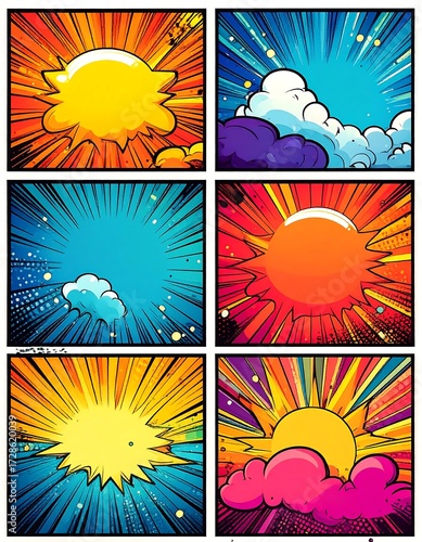 Six vibrant comic book style panels featuring suns, clouds, and dynamic radial lines