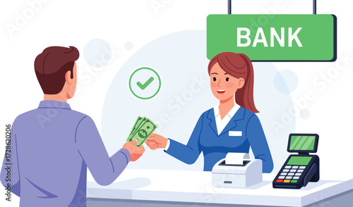 Bank teller serving customer isolated on white background