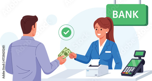 Man giving money to bank teller for deposit isolated on white background