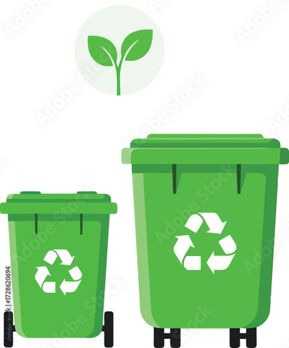 Green recycle bins with recycle symbol and plant isolated on white background