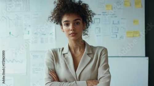 Confident businesswoman stands with arms crossed in a modern office surrounded by project plans and strategic graphs