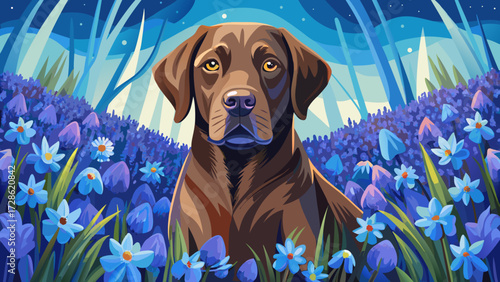 The Chocolate Labrador Retriever sitting gracefully within a blooming field of blue Scilla flowers, blending canine elegance with natural beauty, creating a tranquil landscape full of warmth, tenderne