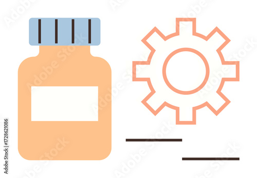 Medication bottle beside cogwheel symbolizing healthcare, efficiency, and processes. Ideal for medical, pharmaceutical, innovation, healthcare systems, strategy wellness optimization themes. Simple