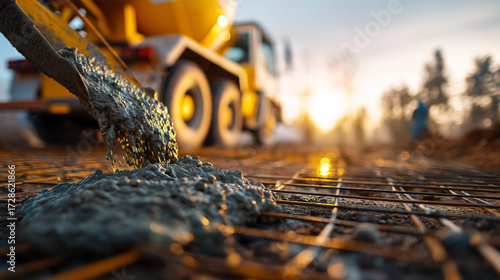 Concrete mixer truck pouring cement over a metal grid at a construction site, under gentle industrial light, showcasing rugged machinery and wet texture, serene site scene, calm in