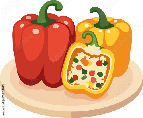 Flat Vector Illustration of Red and Yellow Stuffed Bell Peppers with Rice and Vegetables on Wooden Cutting Board, Fresh Healthy Food Concept