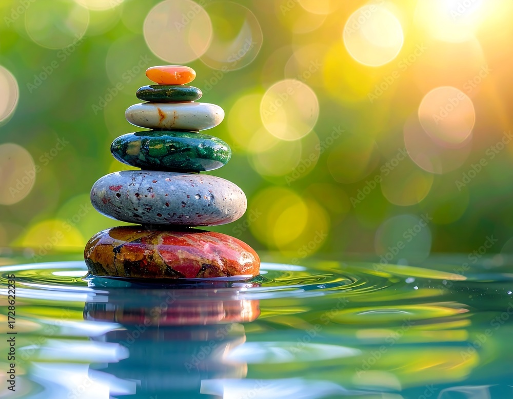 Obraz premium Colorful stones balanced on water, tranquil nature scene