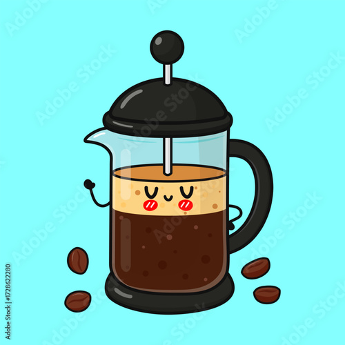 Happy coffee french press character illustration