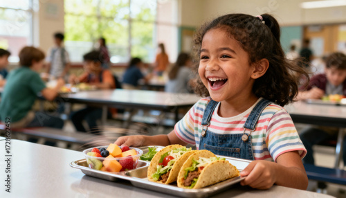 Laughing Hispanic girl enjoys a healthy taco lunch in a diverse elementary school cafeteria. Concept of childhood nutrition, balanced diet, and positive school meal programs.