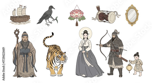 Korean Traditional Culture Collection Folkloric Figures and Iconic Symbols