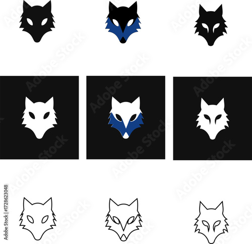 Animal mask vector icon pack of wolf, jackal, dog, and fox in multiple styles, ideal for modern logos, gaming clans, tattoo art, and nature-inspired branding.
