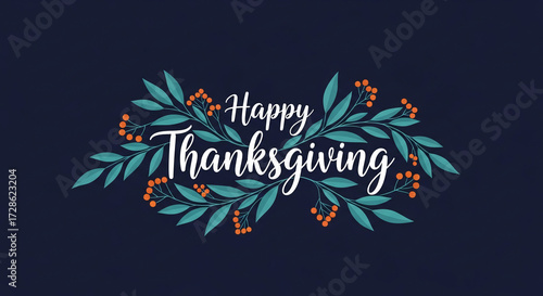 Thanksgiving greeting card featuring stylized teal leaves and orange berries, surrounding 