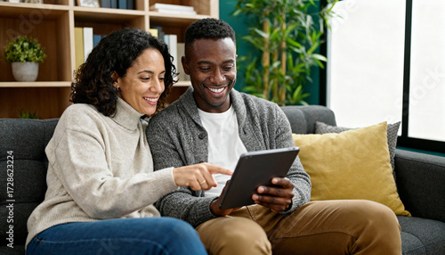 Happy multiethnic couple using a digital tablet together on the sofa. Smiling interracial mid-adult partners browsing the internet, online shopping, or planning their future at home.