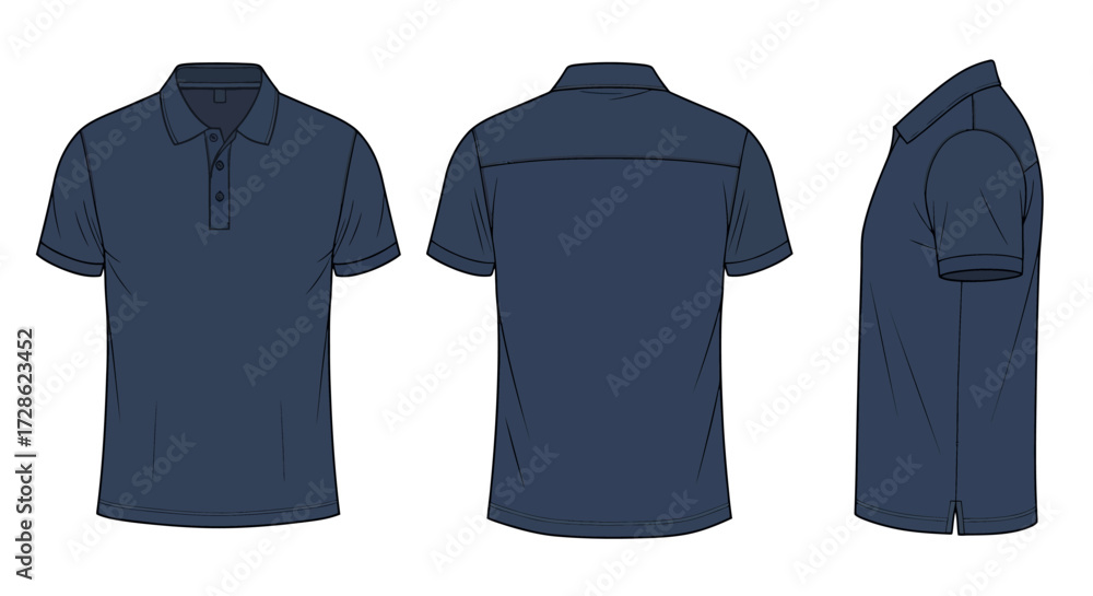 Naklejka premium Blank navy blue polo shirt vector template for apparel design. Front, back, and side view