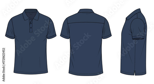 Blank navy blue polo shirt vector template for apparel design. Front, back, and side view