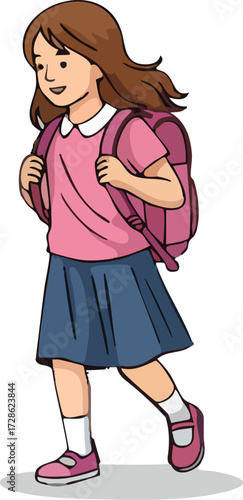 Happy schoolgirl walks to school with pink backpack and blue skirt on sunny day, excited to learn and make new friends.