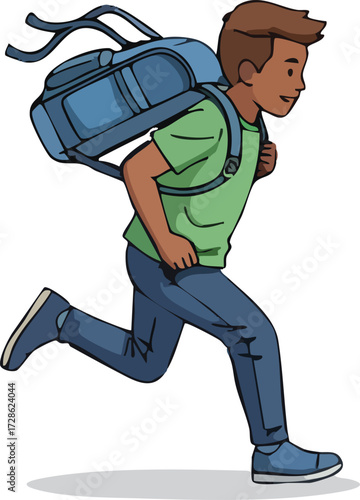 Boy running with a blue duffel bag on his back, heading to school with a determined expression, conveying a sense of urgency and excitement.