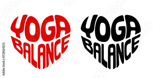 Heart-shaped sticker set featuring "YOGA BALANCE" in colorful and black design. Physical balancing poses that improve joint stability, coordination, and agility