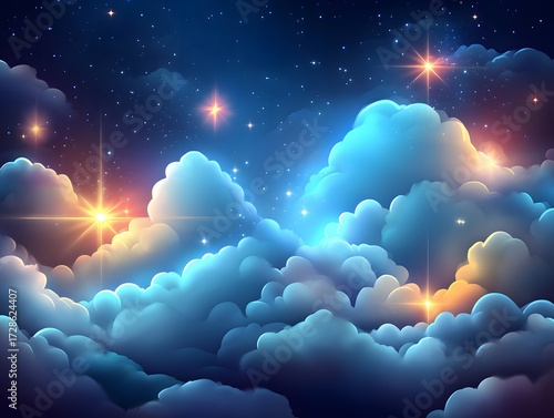 Magical Night Sky Cloudscape, Glowing Stars and Dreamy Clouds