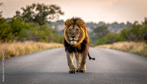 Majestic lion strolls down a road