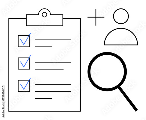 Clipboard with checklist, magnifying glass, and user profile icon. Ideal for task management, research, recruitment, productivity, organization, user interface concepts simple flat metaphor