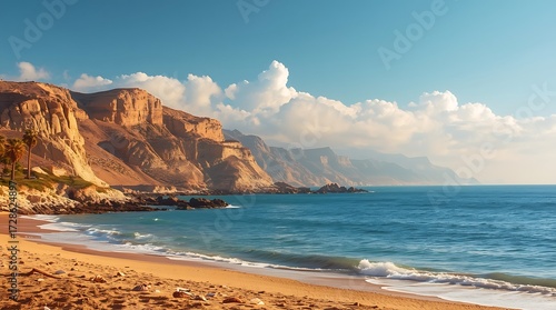 Golden hour light bathes rugged coastal cliffs overlooking a serene sandy beach and tranquil ocean