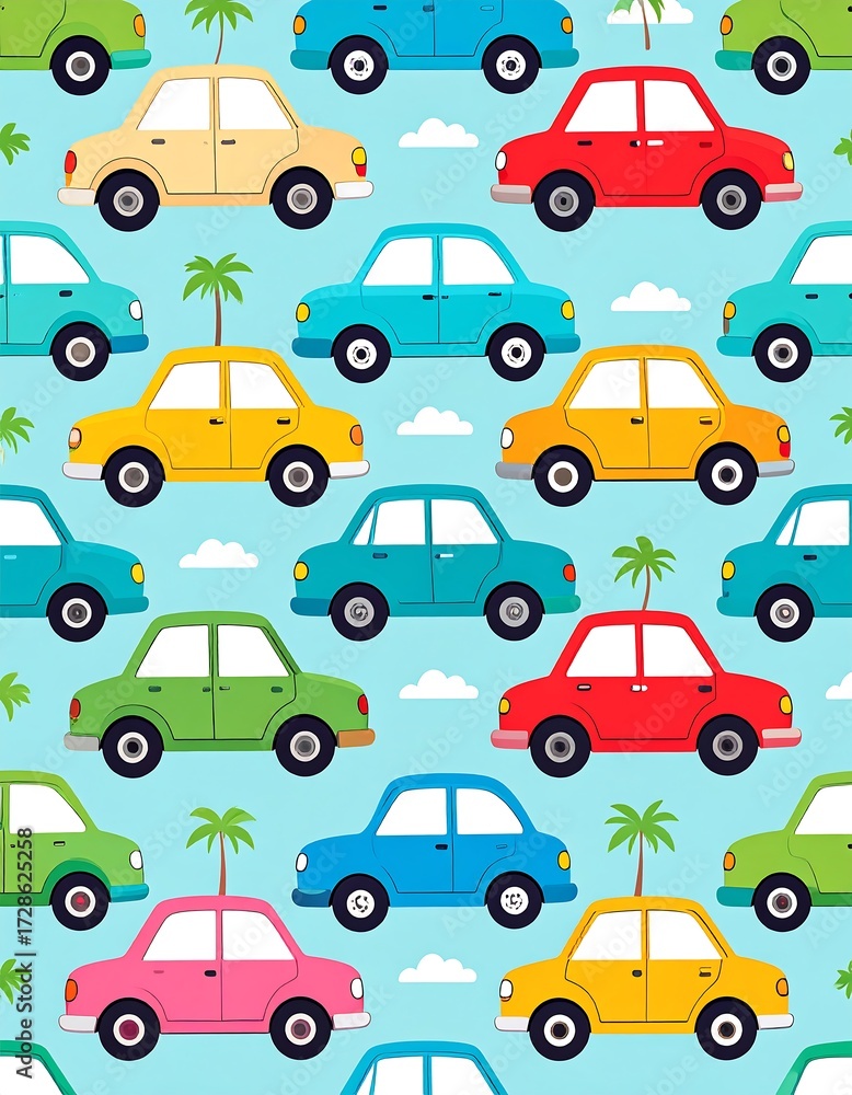 Fototapeta premium Colorful car pattern on a light blue background