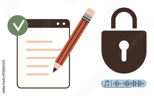 Notebook with checkmark, pencil, padlock, and audio wave illustrating security, authentication, data protection. Ideal for privacy, trust, compliance digital security encryption validation simple