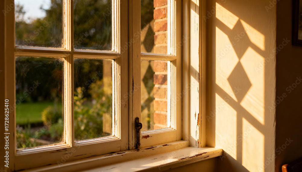 Obraz premium Rustic household window with peeling paint in golden hour sunlight. Geometric shadows on interior wall. View of tranquil garden. Concept of home, nostalgia, peace, coziness.