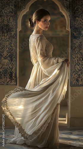 AI image Beautiful woman in flowing gown by ornate archway ethereal light classic elegance