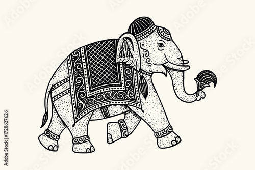 Decorated elephant folk engraved style walking with ornament vector