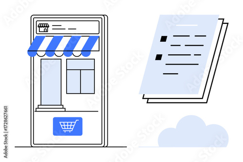 Mobile storefront with striped awning, shopping cart icon, and stack of documents. Ideal for e-commerce, retail, online shopping, business, technology, process management and digital transactions