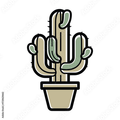 Stylized potted cactus with green and tan segments and black outline potted plant succulent