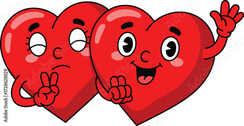 Cartoon heart characters, love emotion, expressive faces, cute illustration, Valentine theme, red hearts, playful design, relationship concept, vector clipart, romantic art, kids content