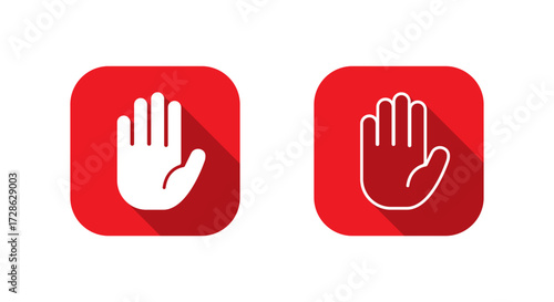 Palm hand icon with long shadow. Stop and attention gesture symbol in red square