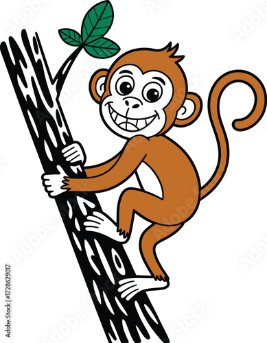 Cartoon monkey climbing, jungle animal, tree trunk, playful illustration, children’s content, smiling monkey, vector art, cute wildlife, educational design, kids clipart, nature theme