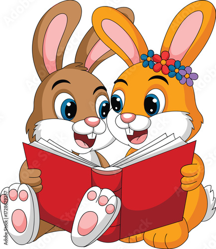 Cartoon rabbits reading, cute animals, children’s illustration, bunny friends, flower crown, red book, educational art, storytelling concept, playful scene, vector clipart, kids content