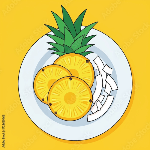 A white plate with sliced pineapple and coconut shavings on a yellow background.