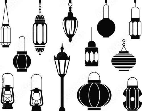 Lantern silhouettes, black icons, traditional lanterns, modern lanterns, decorative lights, cultural design, ornate shapes, minimalist style, vector set, lighting elements, festival dec
