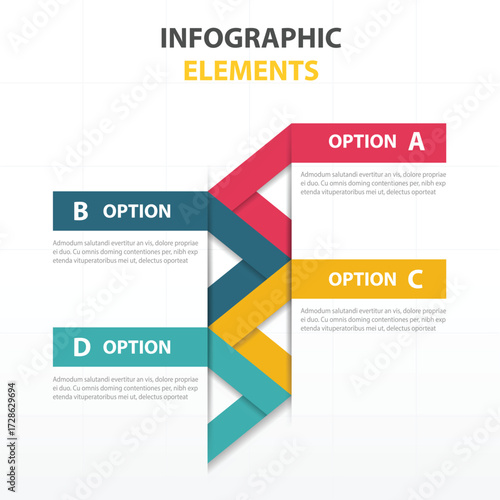Infographic elements showing four distinct options with colorful arrows and text placeholders for information