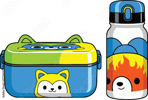 Cute cartoon fox themed lunchbox and water bottle sitting side by side on white surface, perfect for school kids and healthy eating.