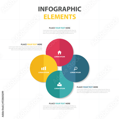 Infographic elements with four colorful overlapping circles and icons for data visualization and presentation