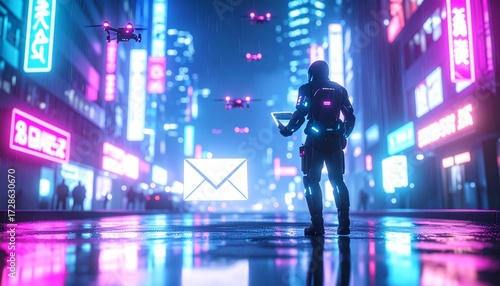 Futuristic courier in a high-tech suit managing digital communication with a holographic message in a neon-lit cyberpunk city