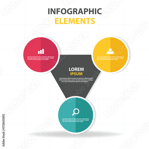 Infographic elements with three circular sections and a central triangle for data visualization and presentation