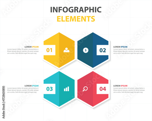 Four colorful hexagonal infographic elements with icons and text placeholders for data visualization and presentation