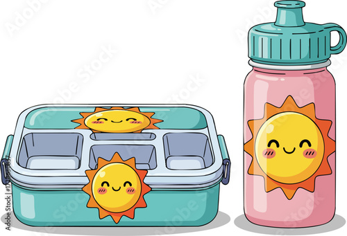 Cartoon lunchbox and water bottle sit sidebyside on white surface, decorated with smiling suns, conveying playful and healthy vibe.