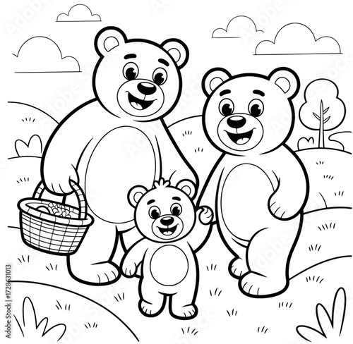 Cute Bear Family Coloring Page Vector Illustration