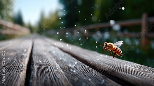 Honey Bee Flying Above Weathered Wooden Planks Against Green Forest Backdrop With Bokeh