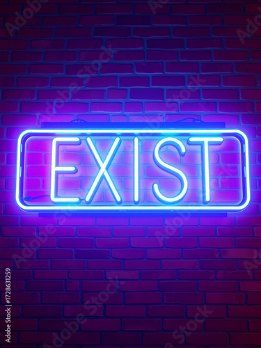 EXIST - fluorescent Neon tube Sign on brickwork - Front view - 3D rendered royalty free stock picture. Can be used for online banner ads and direct mailers..