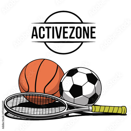 Activezone sports equipment logo with basketball soccer ball tennis racket